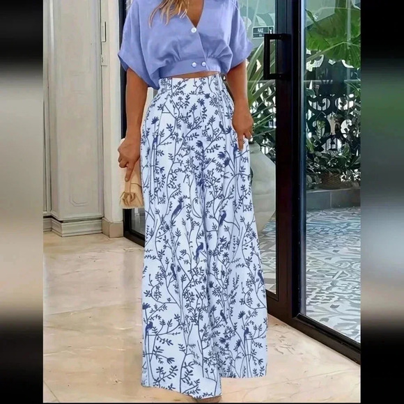 Floral Print Elastic Waist Zipper Loose Casual Wide Leg Pants Beach - Picture 1 of 7